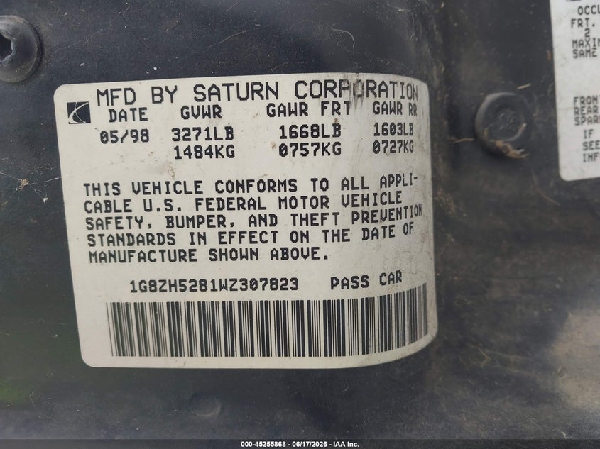 1998 Saturn Sl1 VIN 1G8ZH5281WZ307823 IAAI salvage auction — NORMAL WEAR, Repossession Paperwork (Georgia), sold $25 on 2026-07-10 (photo 9)