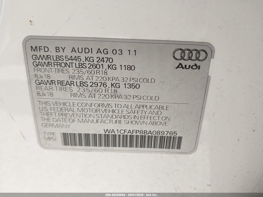 2011 Audi Q5 VIN WA1CFAFP8BA089765 IAAI salvage auction — FRONT & REAR, Original (Texas), sold $350 on 2026-07-15 (photo 9)