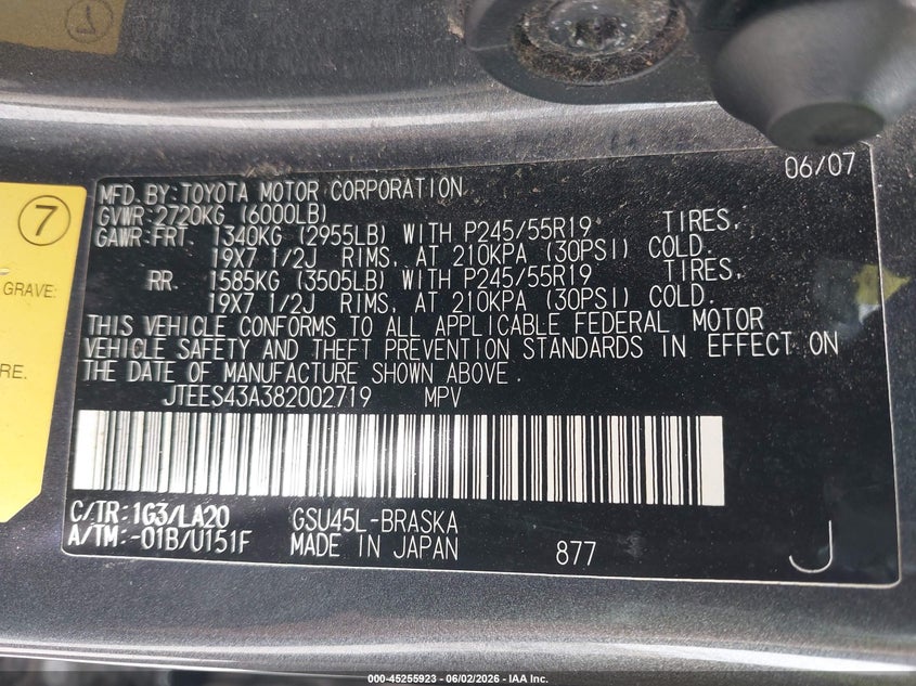 2008 Toyota Highlander VIN JTEES43A382002719 IAAI salvage auction — FRONT END, Clear (Kansas), sold $1,400 on 2026-07-24 (photo 9)