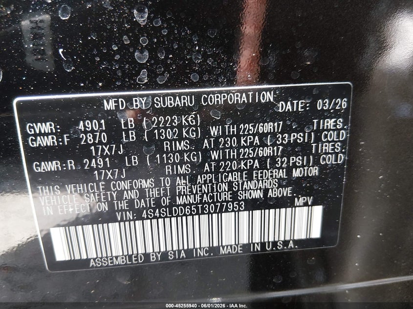 2026 Subaru Forester VIN 4S4SLDD65T3077953 IAAI salvage auction — HAIL, Original (Ohio), sold $23,050 on 2026-07-21 (photo 9)