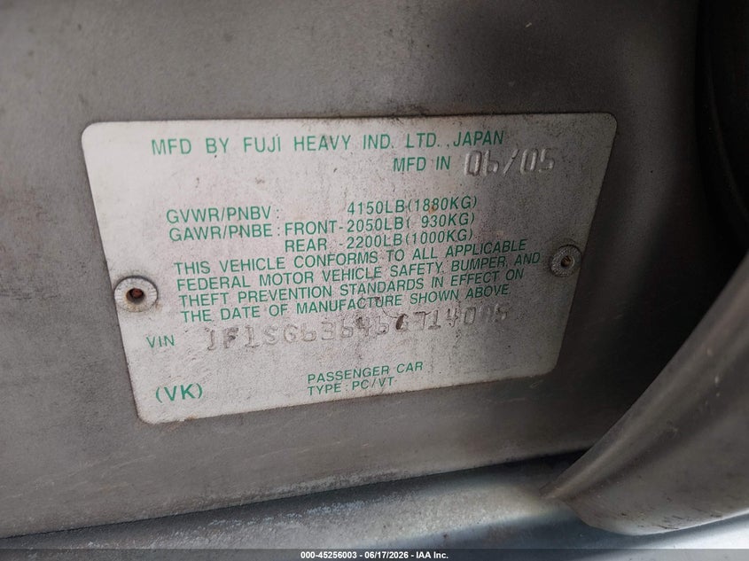 2006 Subaru Forester VIN JF1SG63646G714095 IAAI salvage auction — REAR END, Salvage (South Carolina), sold $225 on 2026-07-22 (photo 9)