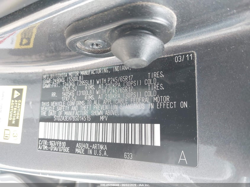 2011 Toyota Highlander VIN 5TDZA3EH7BS014515 IAAI salvage auction — HAIL, Clear (Oklahoma), sold $4,850 on 2026-07-15 (photo 9)