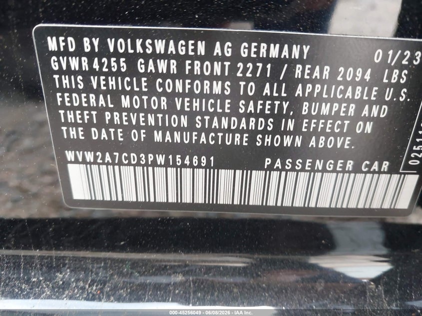 2023 Volkswagen Golf gti VIN WVW2A7CD3PW154691 IAAI salvage auction — REAR END, Salvage Title, sold $6,100 on 2026-07-09 (photo 9)