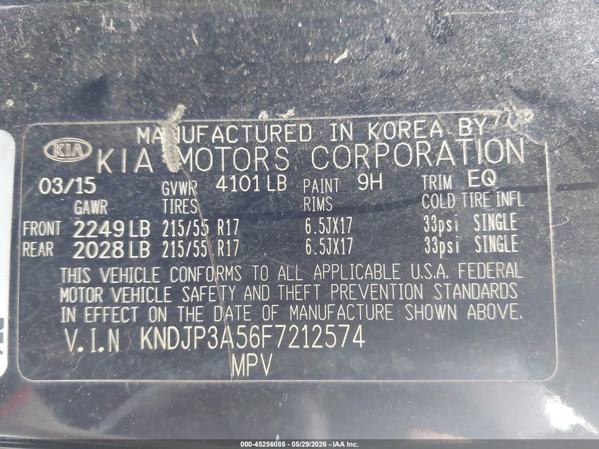 2015 Kia Soul VIN KNDJP3A56F7212574 IAAI salvage auction — VANDALISM, Salvage Title, sold $400 on 2026-07-08 (photo 9)