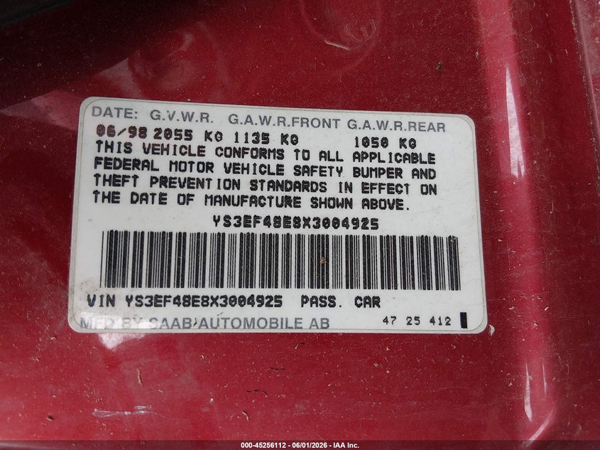 1999 Saab 9-5 VIN YS3EF48E8X3004925 IAAI salvage auction — FRONT END, Salvage (Ohio), sold $300 on 2026-07-16 (photo 9)