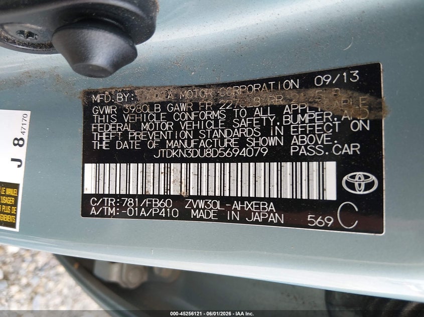 2013 Toyota Prius VIN JTDKN3DU8D5694079 IAAI salvage auction — FRONT & REAR, Salvage Title, sold $1,550 on 2026-07-09 (photo 9)