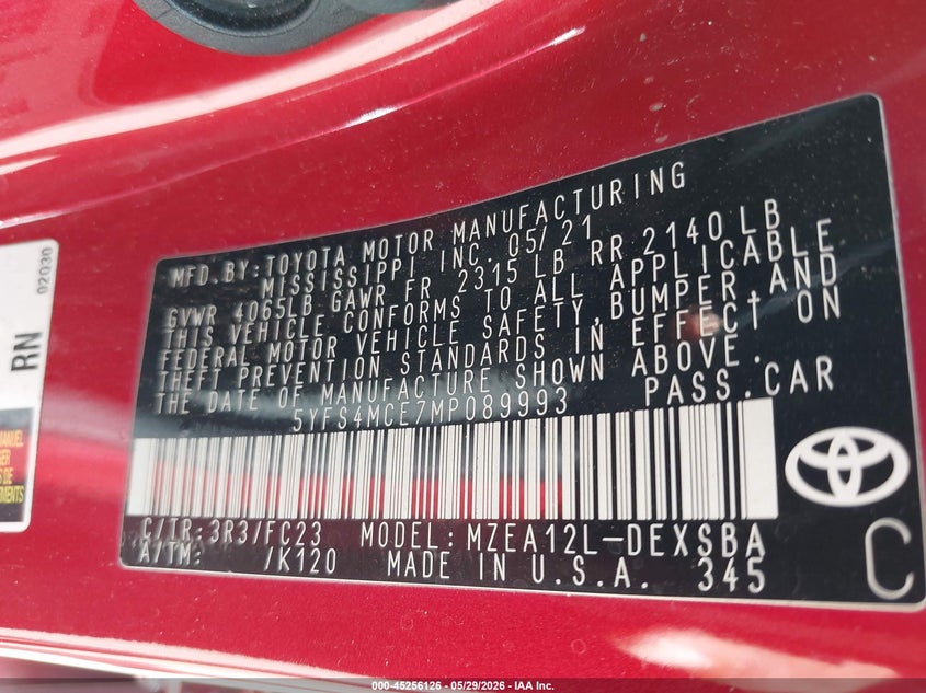 2021 Toyota Corolla VIN 5YFS4MCE7MP089993 IAAI salvage auction — RIGHT SIDE, Salvage Title, sold $4,050 on 2026-07-21 (photo 9)