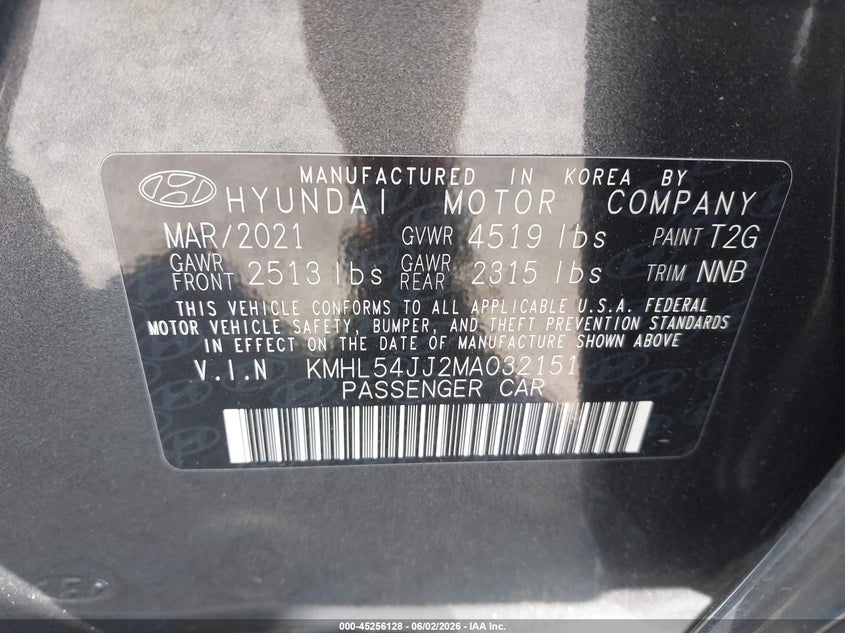 2021 Hyundai Sonata VIN KMHL54JJ2MA032151 IAAI salvage auction — REAR END, Salvage Title, sold $7,200 on 2026-07-13 (photo 9)