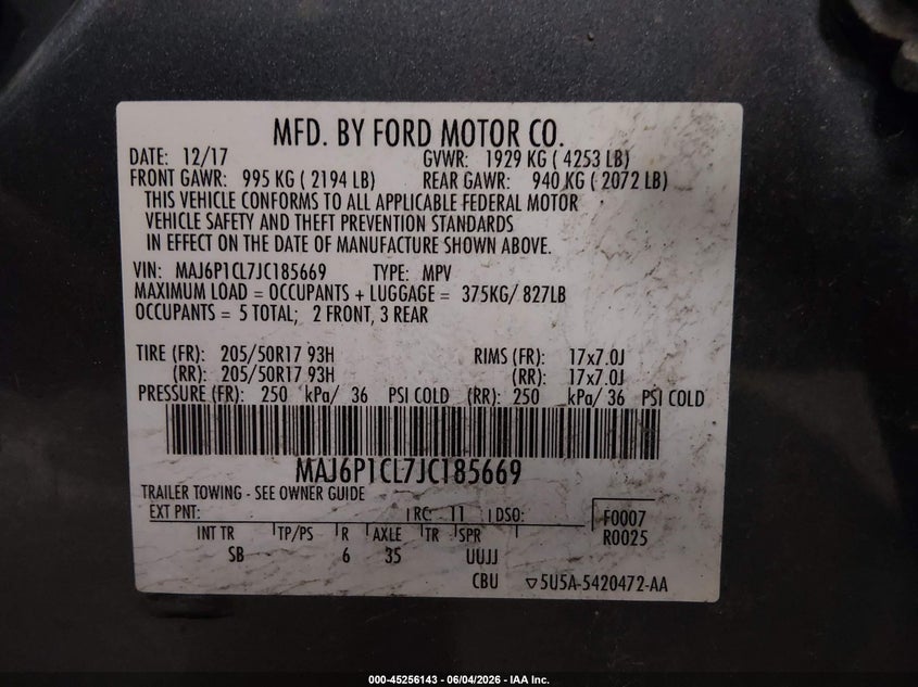 2018 Ford Ecosport VIN MAJ6P1CL7JC185669 IAAI salvage auction — REAR END, Salvage Title, sold $950 on 2026-07-20 (photo 9)