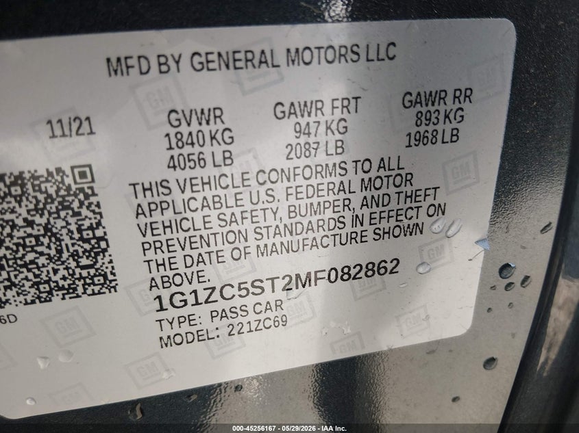 2021 Chevrolet Malibu VIN 1G1ZC5ST2MF082862 IAAI salvage auction — NORMAL WEAR, Sf97 (North Carolina), sold $13,300 on 2026-07-16 (photo 9)