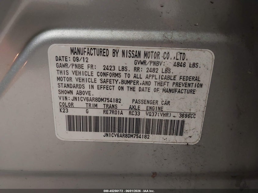 2013 Infiniti VIN JN1CV6AR8DM754182 IAAI salvage auction — RIGHT REAR, Salvage Title, sold $425 on 2026-08-26 (photo 9)