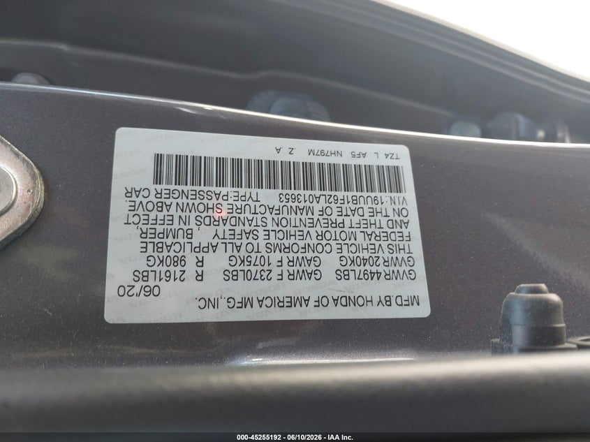 2020 Acura Tlx VIN 19UUB1F62LA013653 IAAI salvage auction — FRONT END, Salvage Title, sold $5,400 on 2026-07-25 (photo 9)