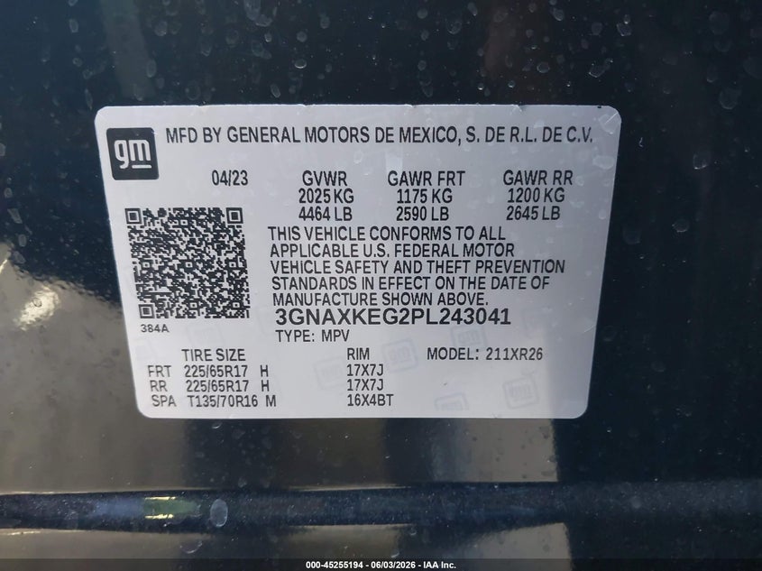 2023 Chevrolet Equinox VIN 3GNAXKEG2PL243041 IAAI salvage auction — REAR END, Salvage Title, sold $6,975 on 2026-07-22 (photo 9)