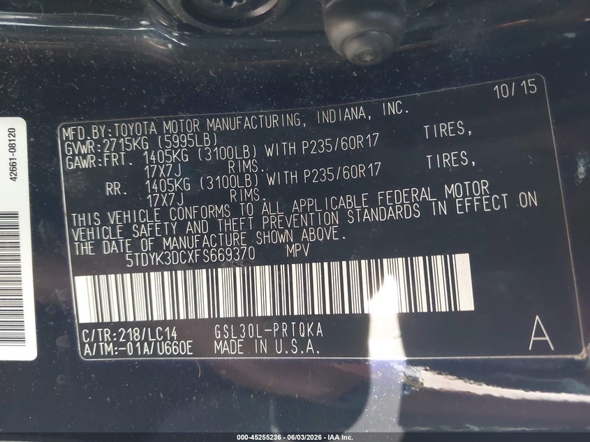 2015 Toyota Sienna VIN 5TDYK3DCXFS669370 IAAI salvage auction — HAIL, Salvage Title, sold $125 on 2026-07-28 (photo 9)