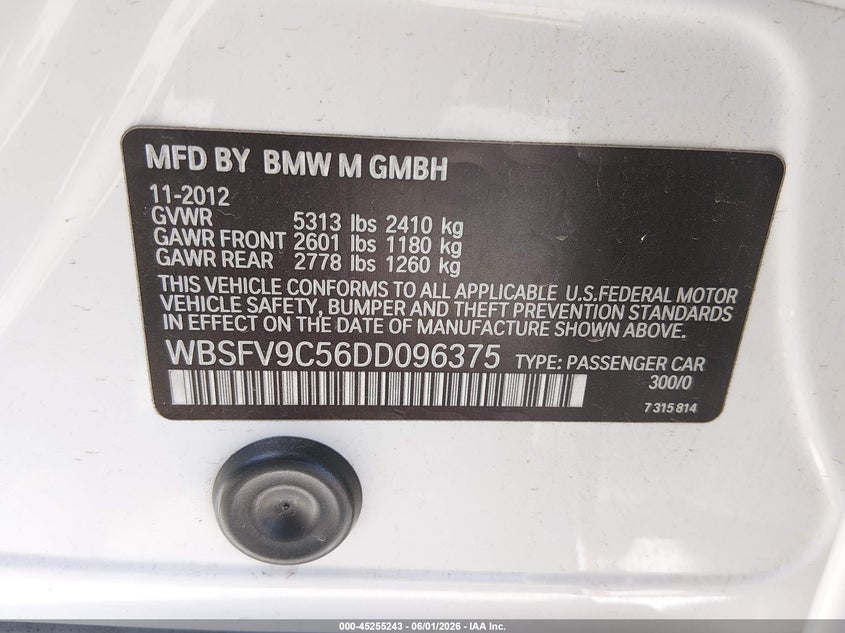 2013 BMW M5 VIN WBSFV9C56DD096375 IAAI salvage auction — LEFT SIDE, Salvage Title, sold $11,200 on 2026-07-06 (photo 9)