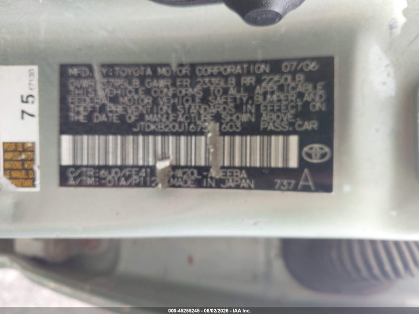 2006 Toyota Prius VIN JTDKB20U167521603 IAAI salvage auction — NORMAL WEAR, Certificate Of Title (Nebraska), sold $600 on 2026-07-23 (photo 9)