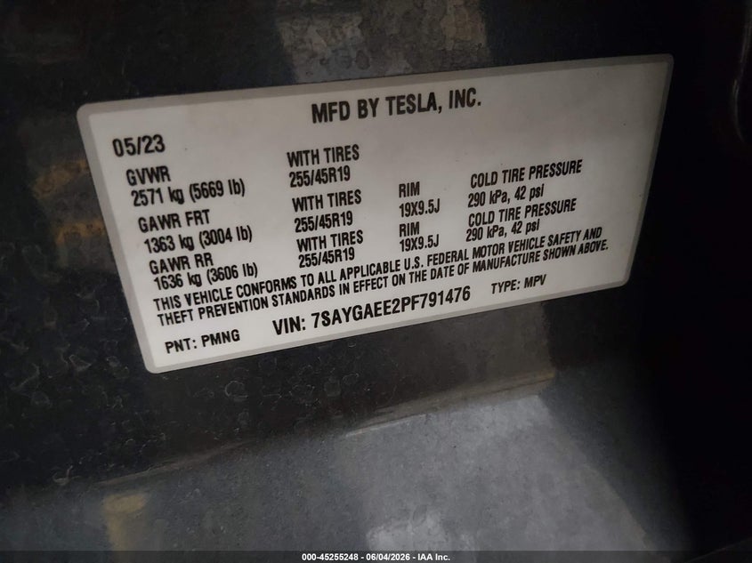 2023 Tesla Model y VIN 7SAYGAEE2PF791476 IAAI salvage auction — FRONT END, Salvage Title, sold $9,000 on 2026-07-16 (photo 9)