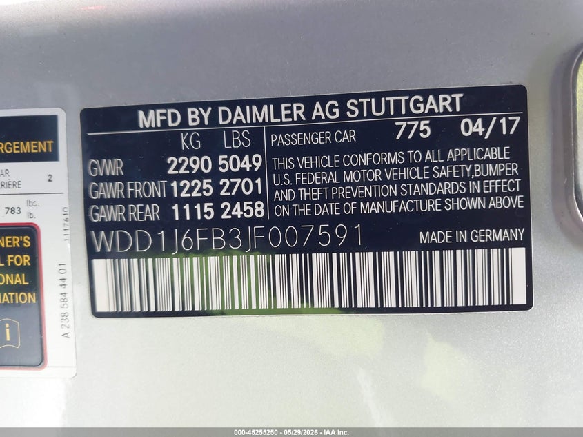 2018 Mercedes-benz E-klasse VIN WDD1J6FB3JF007591 IAAI salvage auction — RIGHT SIDE, Salvage Title, sold $16,000 on 2026-07-22 (photo 9)