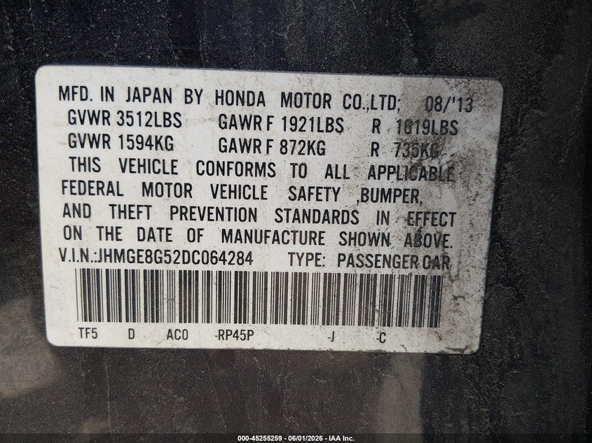 2013 Honda Fit VIN JHMGE8G52DC064284 IAAI salvage auction — SIDE, Salvage Title, sold $1,100 on 2026-07-07 (photo 9)