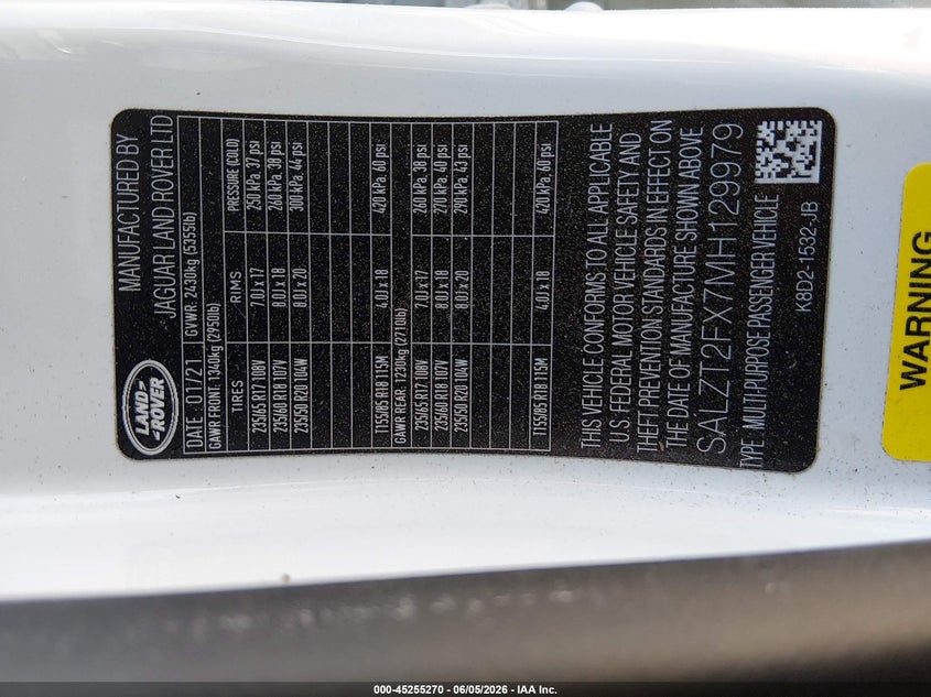 2021 Land rover Range rover evoque VIN SALZT2FX7MH129979 IAAI salvage auction — RIGHT SIDE, Salvage (Massachusetts), sold $8,450 on 2026-08-19 (photo 9)