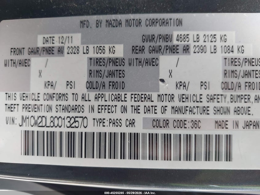2012 Mazda 5 VIN JM1CW2DL8C0132570 IAAI salvage auction — SIDE, Salvage Title, sold $1,050 on 2026-07-12 (photo 9)