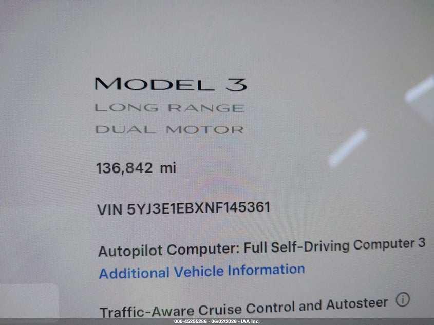 2022 Tesla Model 3 VIN 5YJ3E1EBXNF145361 IAAI salvage auction — REAR END, Salvage Title, sold $5,700 on 2026-07-12 (photo 7)