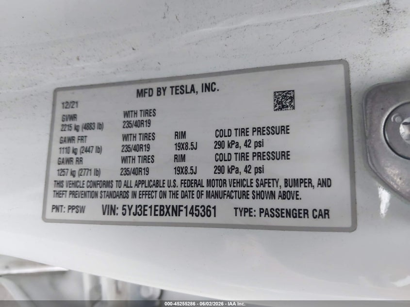 2022 Tesla Model 3 VIN 5YJ3E1EBXNF145361 IAAI salvage auction — REAR END, Salvage Title, sold $5,700 on 2026-07-12 (photo 9)