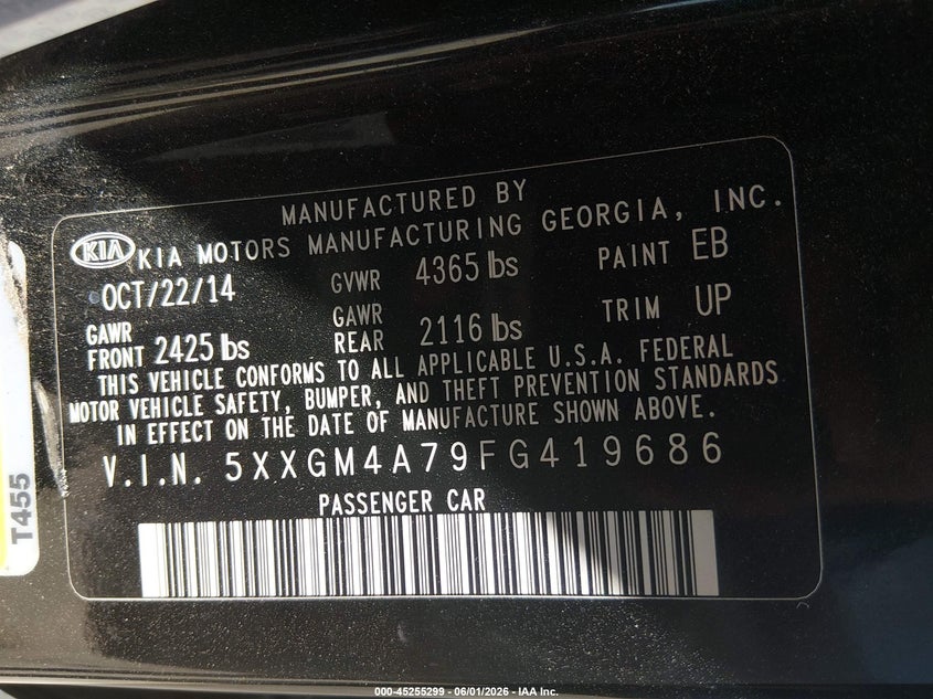 2015 Kia Optima VIN 5XXGM4A79FG419686 IAAI salvage auction — REAR END, Original (Texas), sold $925 on 2026-07-28 (photo 9)