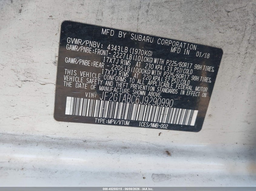 2018 Subaru Xv VIN JF2GTABC6J9290990 IAAI salvage auction — FRONT END, Salvage Title, sold $25 on 2026-07-29 (photo 9)