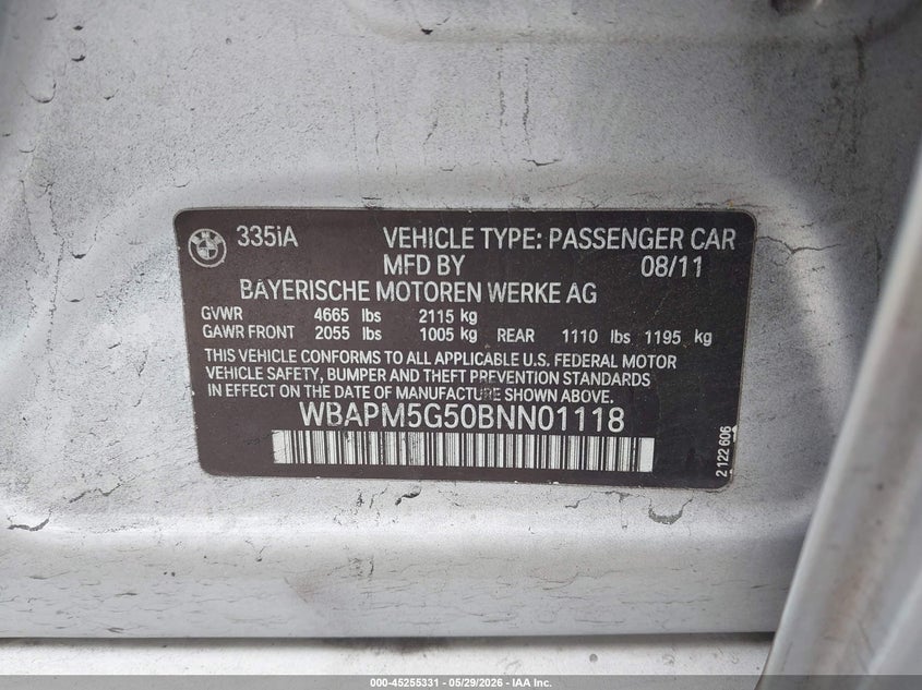 2011 BMW 3 series VIN WBAPM5G50BNN01118 IAAI salvage auction — FRONT END, Salvage (California), sold $1,100 on 2026-07-09 (photo 9)