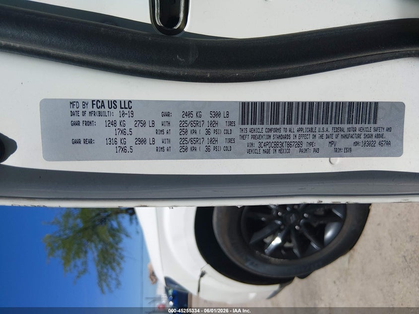 2019 Dodge Journey VIN 3C4PDCBB3KT867269 IAAI salvage auction — BIOHAZARD/CHEMICAL, Salvage Title, sold $1,625 on 2026-07-09 (photo 9)