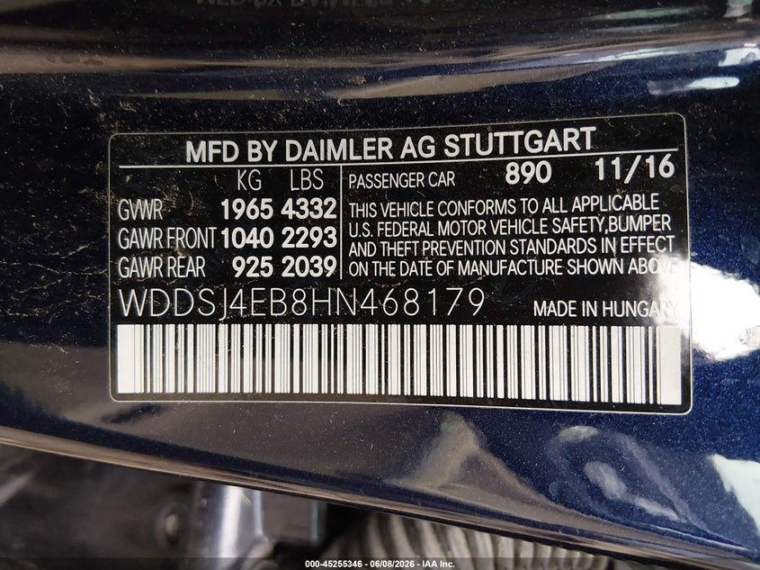 2017 Mercedes-benz Cla-klasse VIN WDDSJ4EB8HN468179 IAAI salvage auction — THEFT, Salvage Title, sold $1,000 on 2026-08-11 (photo 9)