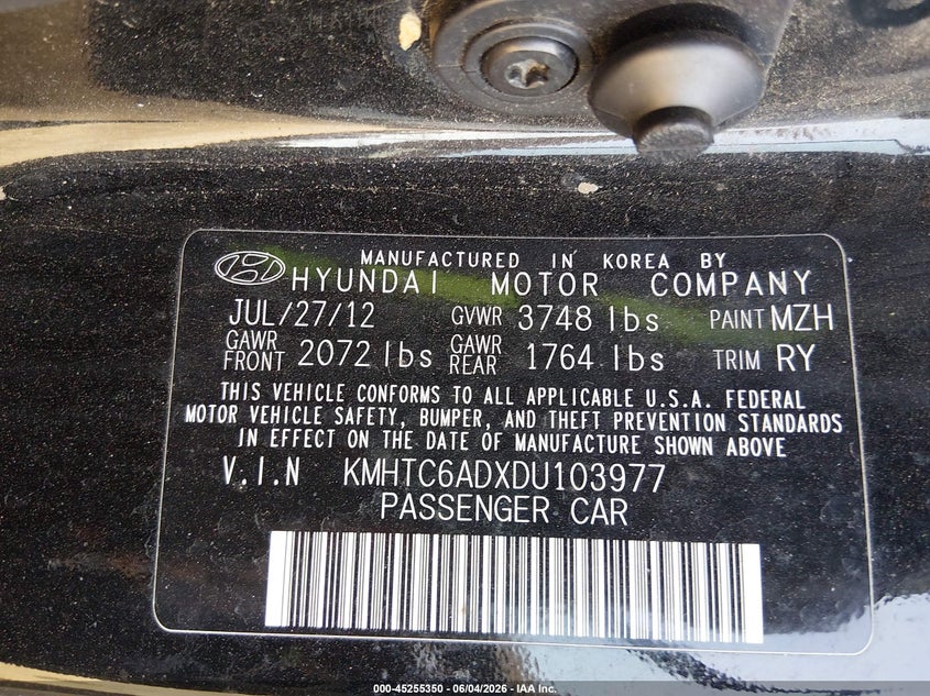 2013 Hyundai Veloster VIN KMHTC6ADXDU103977 IAAI salvage auction — REAR END, Salvage Title, sold $850 on 2026-07-16 (photo 9)