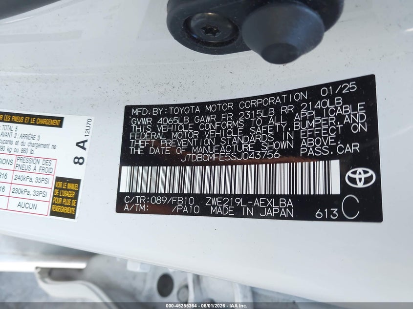 2025 Toyota Corolla VIN JTDBCMFE5SJ043756 IAAI salvage auction — FRONT END, Salvage (California), sold $5,150 on 2026-07-30 (photo 9)