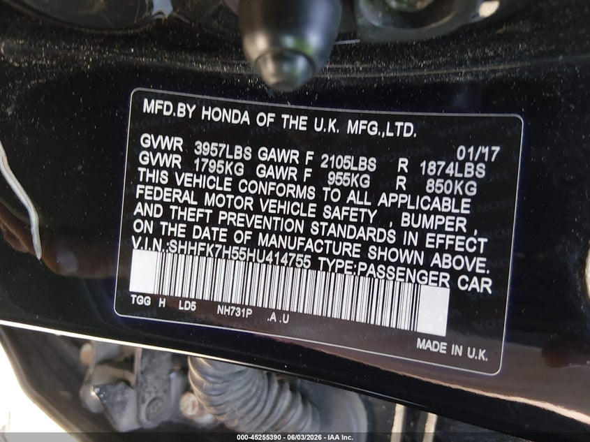 2017 Honda Civic VIN SHHFK7H55HU414755 IAAI salvage auction — FRONT END, Salvage Title, sold $5,650 on 2026-07-15 (photo 9)