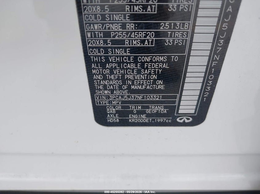 2022 Infiniti Qx55 VIN 3PCAJ5J37NF103321 IAAI salvage auction — RIGHT SIDE, Salvage Title, sold $8,500 on 2026-07-13 (photo 9)