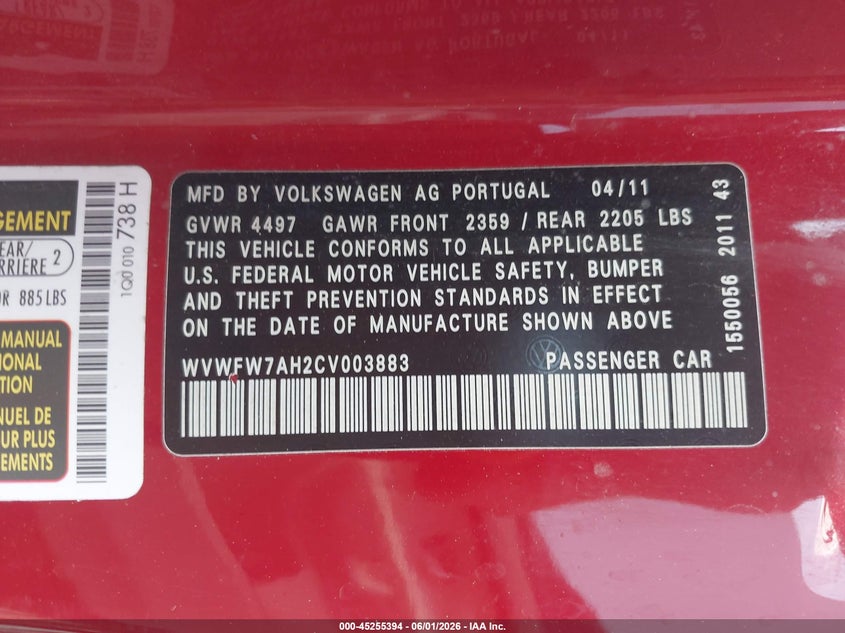 2012 Volkswagen Eos VIN WVWFW7AH2CV003883 IAAI salvage auction — SIDE, Salvage Title, sold $2,700 on 2026-07-08 (photo 9)