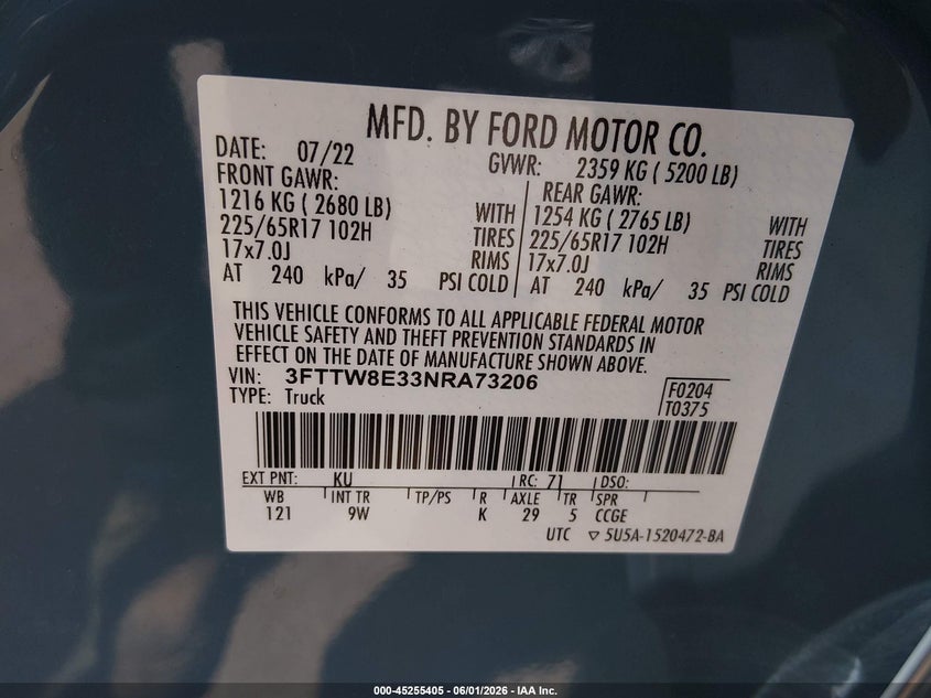 2022 Ford Maverick VIN 3FTTW8E33NRA73206 IAAI salvage auction — REAR END, Salvage Title, sold $9,500 on 2026-07-29 (photo 9)