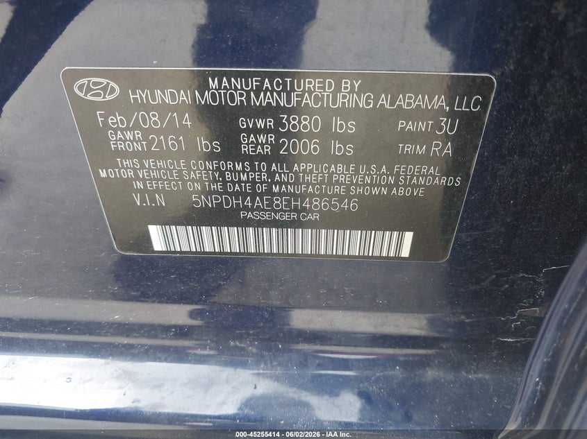 2014 Hyundai Elantra VIN 5NPDH4AE8EH486546 IAAI salvage auction — WATER/FLOOD, Salvage (Texas), sold $125 on 2026-07-31 (photo 9)