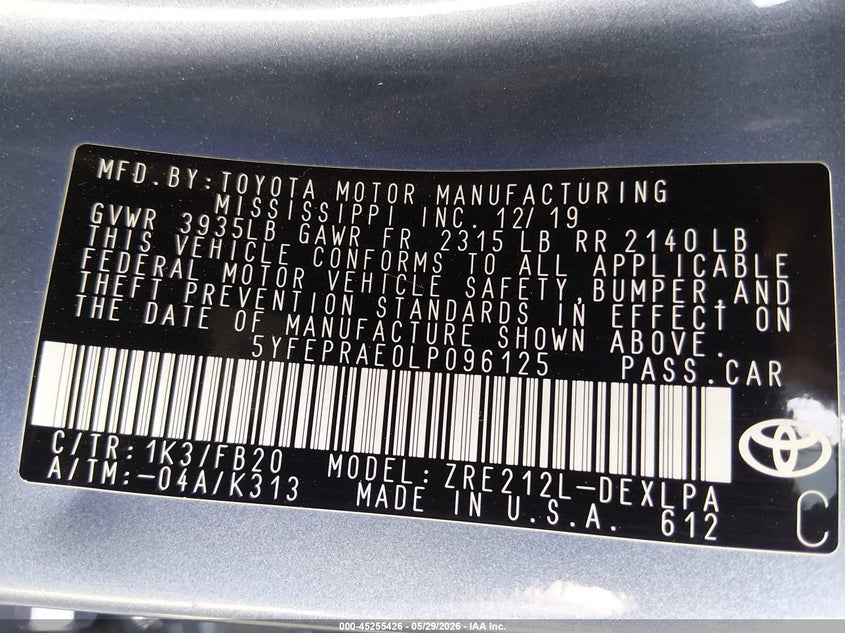 2020 Toyota Corolla VIN 5YFEPRAE0LP096125 IAAI salvage auction — FRONT END, Salvage Title, sold $3,500 on 2026-07-17 (photo 9)