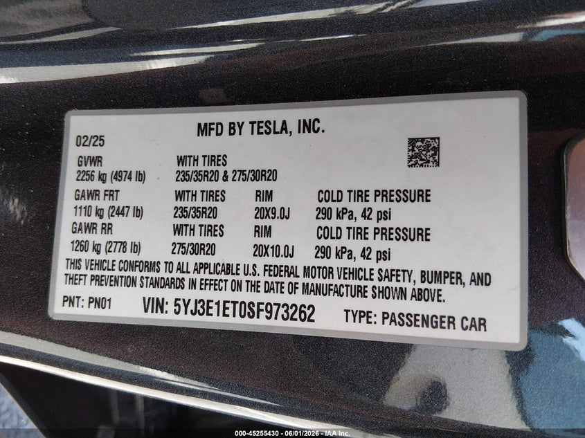 2025 Tesla Model 3 VIN 5YJ3E1ET0SF973262 IAAI salvage auction — FRONT & REAR, Salvage Title, sold $14,000 on 2026-07-31 (photo 9)