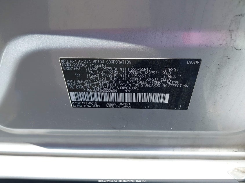 2010 Toyota Rav 4 VIN JTMBF4DV3AD022654 IAAI salvage auction — FRONT END, Salvage Certificate (California), sold $2,000 on 2026-07-17 (photo 9)