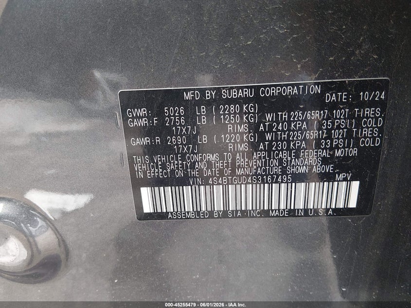 2025 Subaru Outback VIN 4S4BTGUD4S3167495 IAAI salvage auction — FRONT END, Salvage Title, sold $7,500 on 2026-07-23 (photo 9)