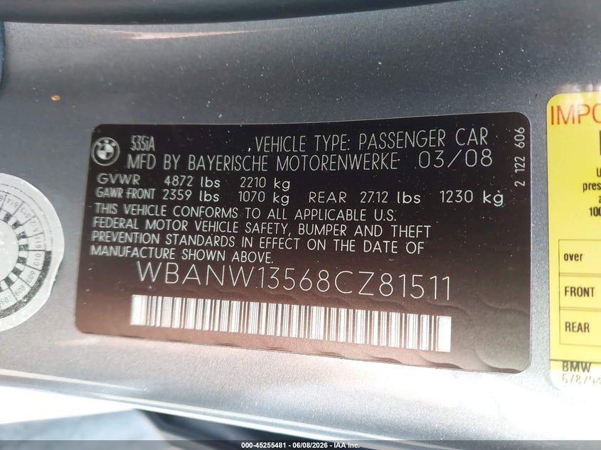 2008 BMW 5er VIN WBANW13568CZ81511 IAAI salvage auction — FRONT END, Salvage Title, sold $450 on 2026-07-17 (photo 9)