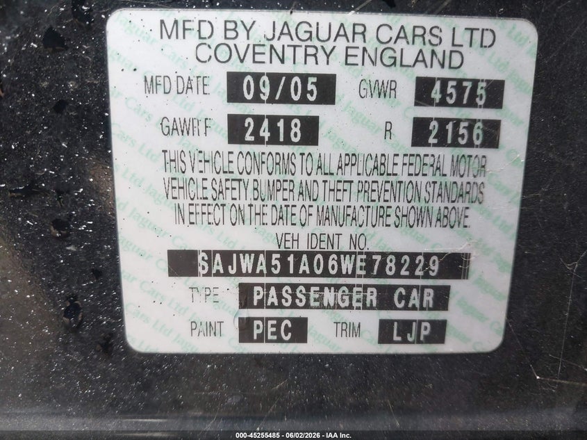 2006 Jaguar X type VIN SAJWA51A06WE78229 IAAI salvage auction — FRONT & REAR, Salvage (California), sold $325 on 2026-07-13 (photo 9)