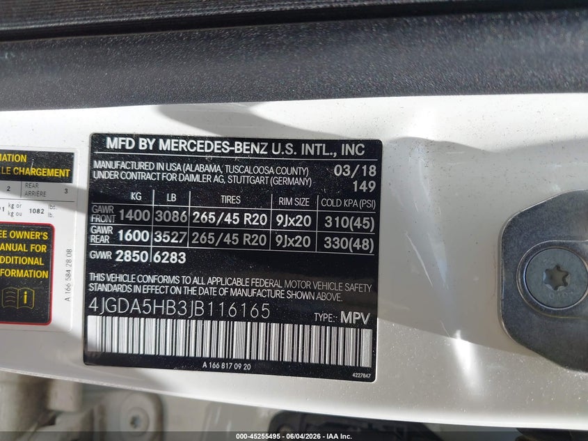 2018 Mercedes-benz Gle VIN 4JGDA5HB3JB116165 IAAI salvage auction — FRONT END, Salvage Title, sold $8,100 on 2026-07-09 (photo 9)