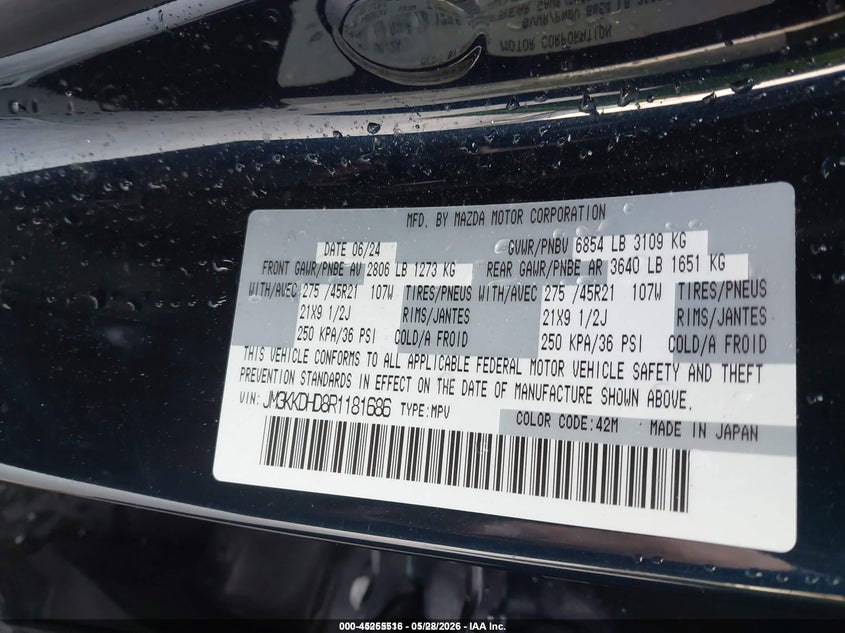 2024 Mazda Cx-90 VIN JM3KKDHD8R1181686 IAAI salvage auction — FRONT END, Salvage (California), sold $15,200 on 2026-07-30 (photo 9)