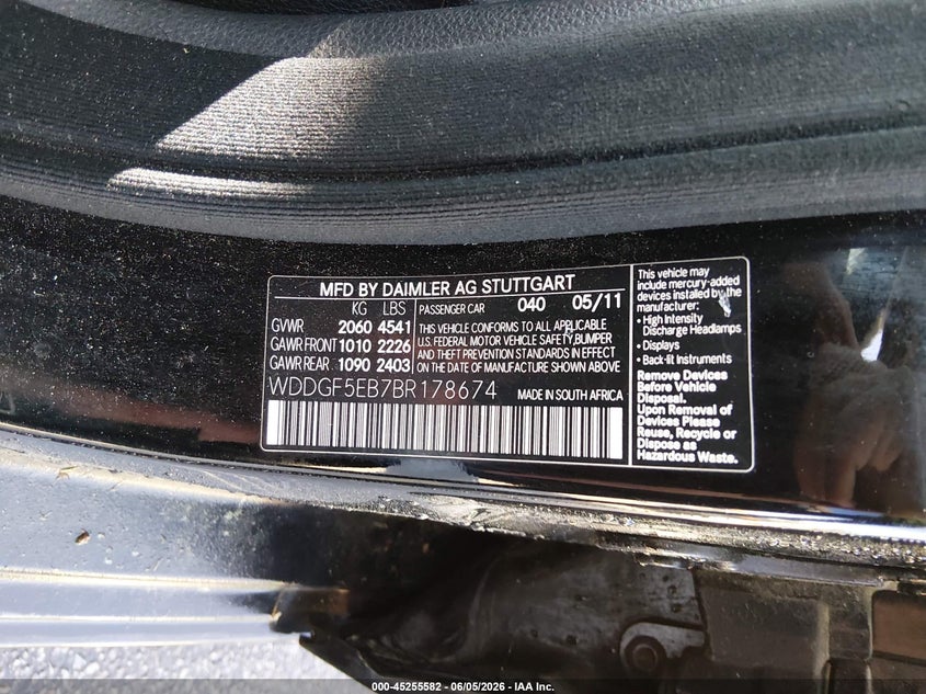 2011 Mercedes-benz C class VIN WDDGF5EB7BR178674 IAAI salvage auction — RIGHT REAR, Repossession Paperwork (South Carolina), sold $25 on 2026-07-22 (photo 9)