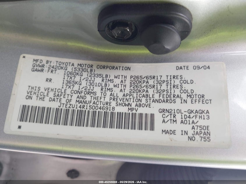 2005 Toyota 4runner VIN JTEZU14R150046918 IAAI salvage auction — LEFT FRONT, Salvage (California), sold $2,400 on 2026-07-21 (photo 9)