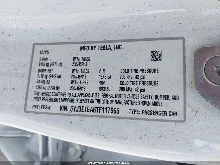 2026 Tesla Model 3 VIN 5YJ3E1EA6TF117965 IAAI salvage auction — Burn Interior, Salvage Title, sold $9,700 on 2026-08-02 (photo 8)